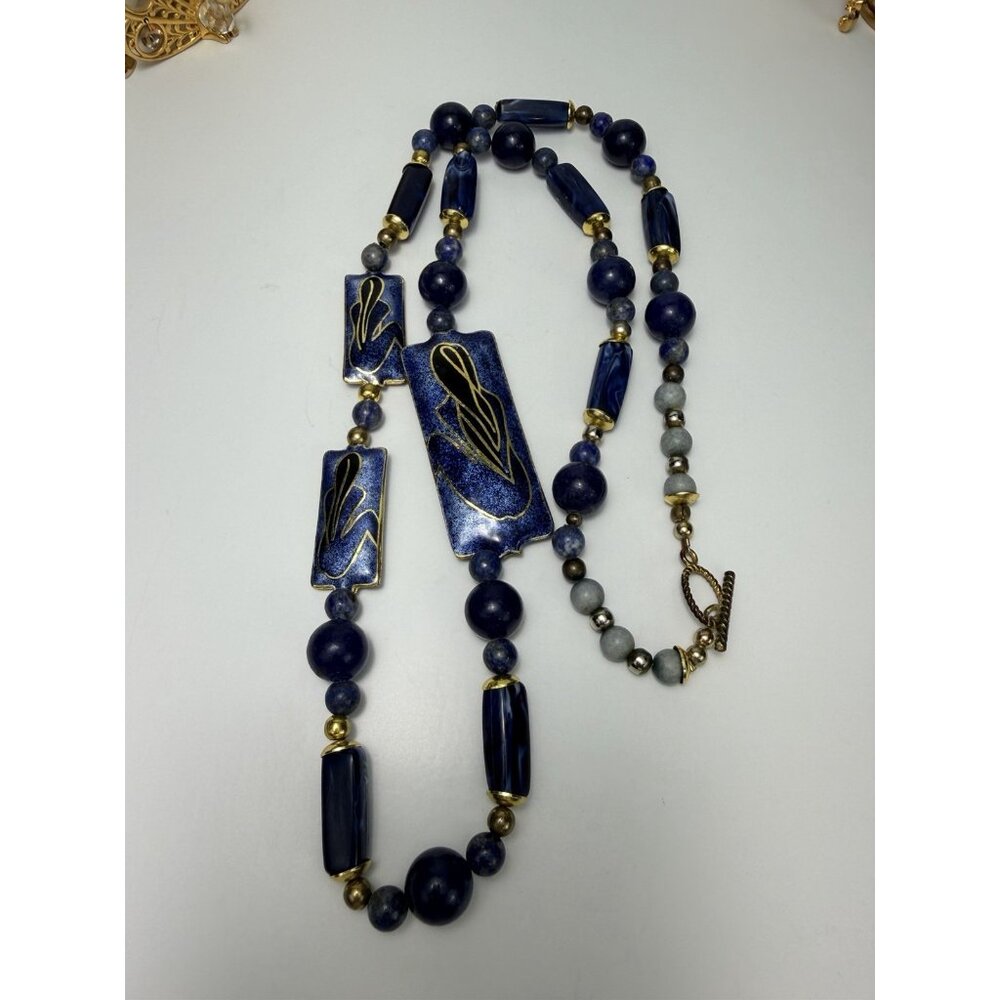 Unique Artisan Lapis Lazuli Beaded Necklace Enamel Panels Toggle Clasp - Picture 4 of 9